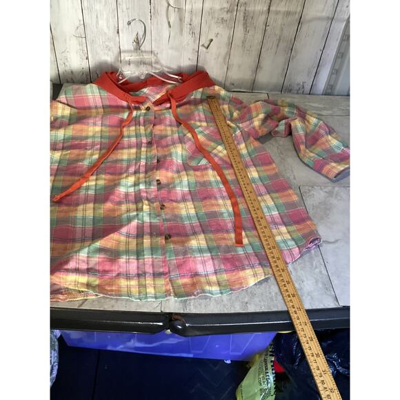 Blakeley Plaid Hoodie Multicolor Button Front Drawstring Hood Holiday Shacket - Picture 2 of 4